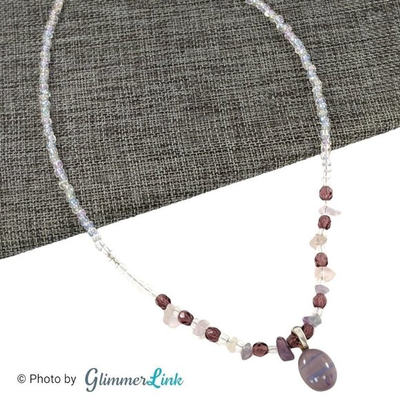 Amethyst Quartz Aurora Borealis Art Glass Pendant Necklace - Picture 5 of 9